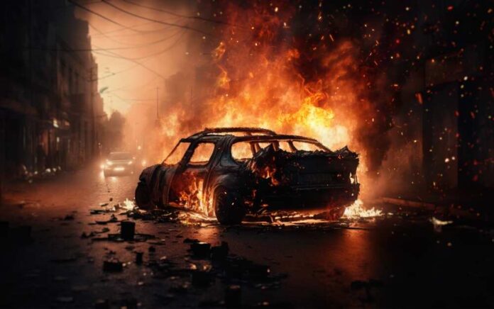Disorders,,Protests,In,The,Paris,,France.,Burning,Car,On,A