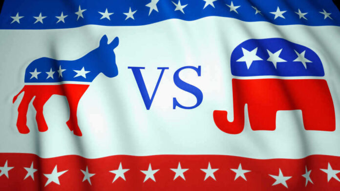 shutterstock_1807731076.jpg featured image Democratic donkey vs. Republican elephant on American flag background.