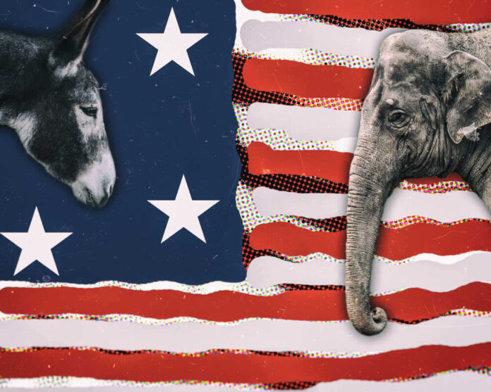 shutterstock_1055911847.jpg featured image Donkey and elephant on American flag background.