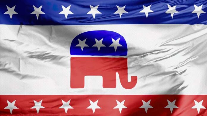 shutterstock_2081127346.jpg featured image Republican party flag with elephant and stars.