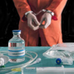 US Executions – FOUR Prisoners Will Die This Week! Handcuffed person in orange suit with lethal injection supplies.
