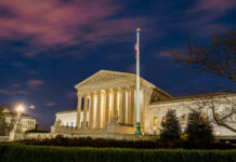 The United States Supreme Court building at dusk