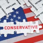 Conservative Favorite Surrenders Puzzle pieces with the word CONSERVATIVE on an American flag background