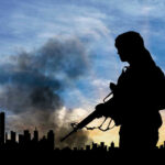 Soldier with rifle silhouetted against smoky city skyline
