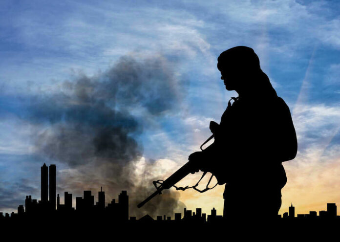 Soldier with rifle silhouetted against smoky city skyline