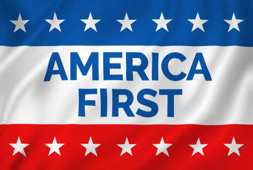 A flag-like banner with the text America First in bold letters