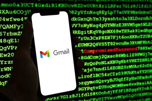 Gmail logo against a background of green code
