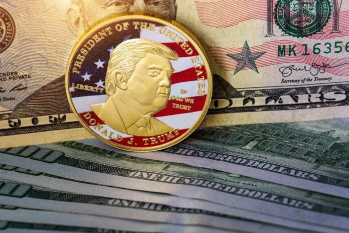 Commemorative coin featuring Donald Trump on a background of US dollar bills