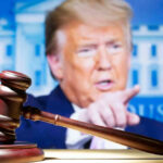 Trump Seeks Supreme Justice Gavel with Donald Trump speaking in the background.