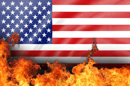 American flag in flames