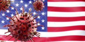 Illustration of virus particles in front of the American flag