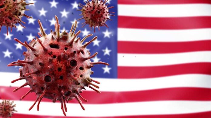 Illustration of virus particles in front of the American flag
