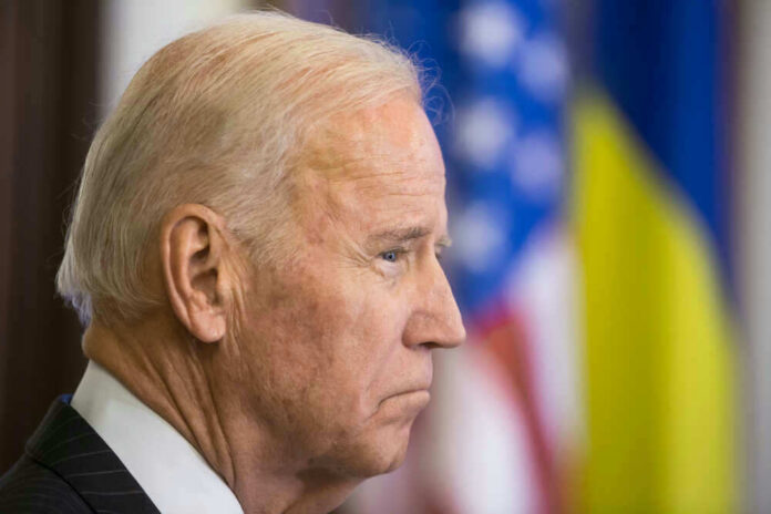 Joe Biden, side profile, flags behind.