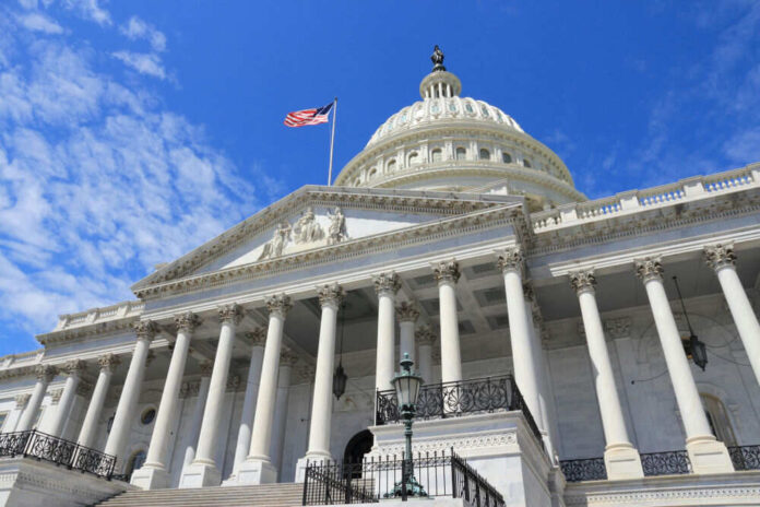 US Capitol building with American flag and columns
