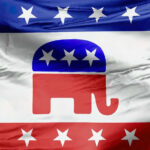 Republican party flag with elephant and stars.