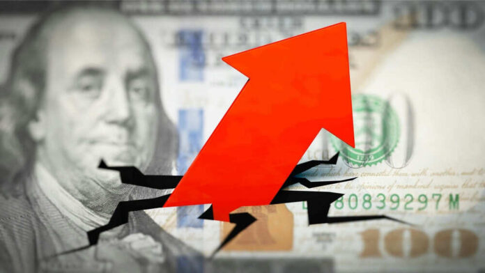 Red arrow on cracked $100 bill.