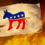Top Democrat’s Retirement Sparks Leadership Vacuum Torn Democratic flag burning amid flames and embers.