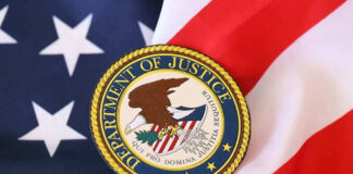 Department of Justice seal on American flag.