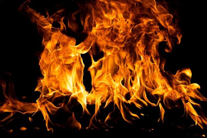 Bright flames dancing against a dark background