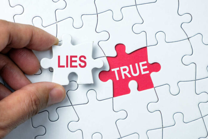 A hand holding a puzzle piece labeled 'LIES' next to a piece labeled 'TRUE'