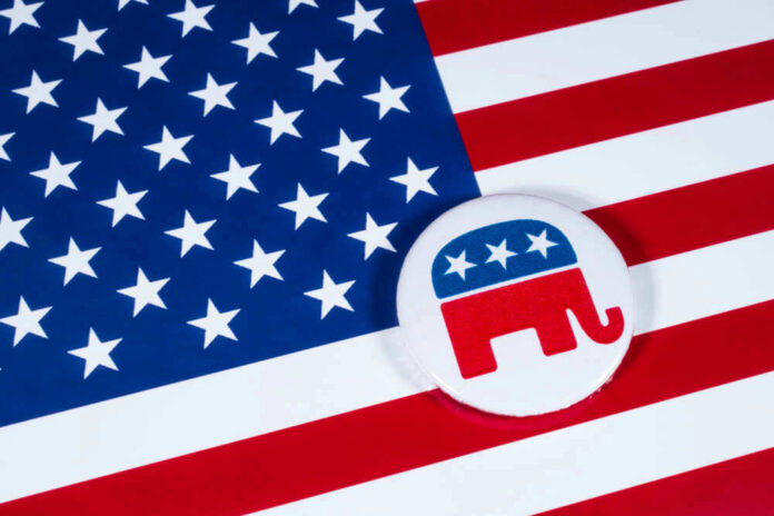 American flag and Republican Party elephant logo button.