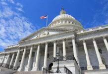 US Capitol building with American flag and columns
