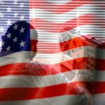 Person using a vintage tape recorder with an American flag overlay