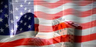 Person using a vintage tape recorder with an American flag overlay