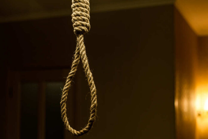 A close-up of a noose hanging in a dimly lit room