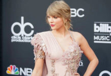 Taylor Swift in ornate dress.