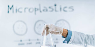 Scientist holding a flask containing water with microplastics in a laboratory setting