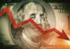 Red downward arrow over Benjamin Franklin on US dollar.