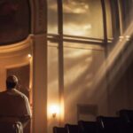 A clergy member standing in a church with light streaming through windows