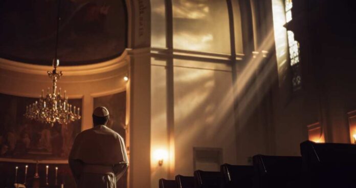A clergy member standing in a church with light streaming through windows