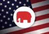 Red elephant icon on a background of the American flag