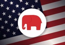 Trump-Backed GOP Win Hides Voter Shift Red elephant icon on a background of the American flag
