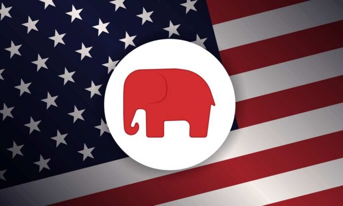Red elephant icon on a background of the American flag