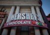 Exterior view of Hershey's Chocolate World storefront with large signage
