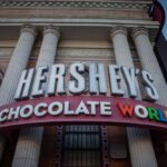 Exterior view of Hershey's Chocolate World storefront with large signage
