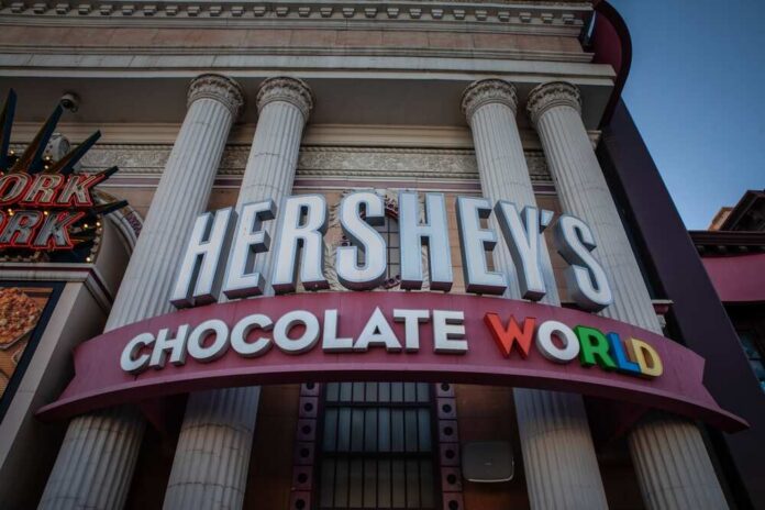 Exterior view of Hershey's Chocolate World storefront with large signage