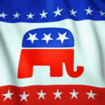 Republican Party flag with elephant symbol and stars.