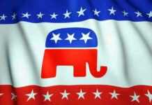 Republican Party flag with elephant symbol and stars.