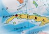Close-up of a map highlighting Cuba and its capital Havana