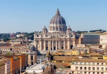 St. Peter's Basilica in Rome with a clear blue sky