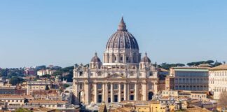 St. Peter's Basilica in Rome with a clear blue sky