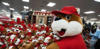 A large plush mascot surrounded by smaller stuffed animals in a store