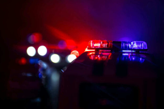 shutterstock_1191163906 Police car lights shining in the dark.