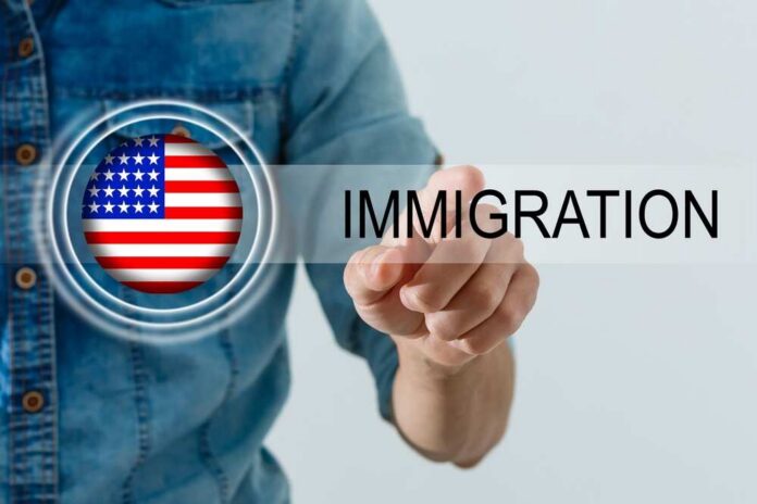 Usa,Flag,And,Inscription,Immigration,,Virtual,Button A person pointing at the word 'IMMIGRATION' with an American flag graphic