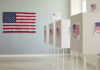 Trump Surge Upends Georgia — Now What? Polling booths with American flags and Vote signs.