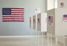 Trump Surge Upends Georgia — Now What? Polling booths with American flags and Vote signs.